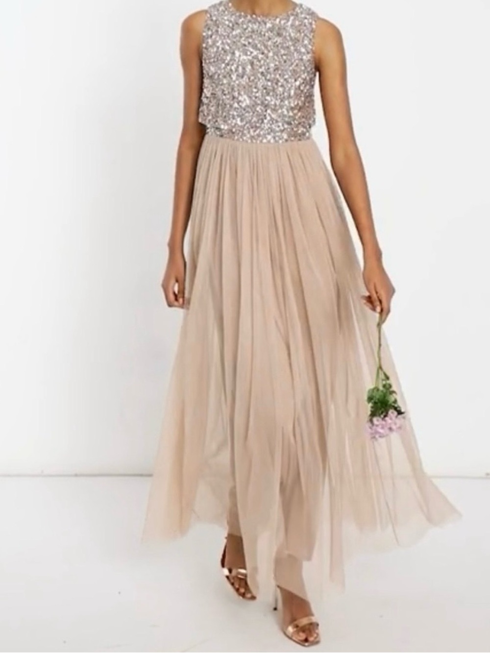 Maya Deluxe Sequin Bodice Tulle Evening Dress in Beige